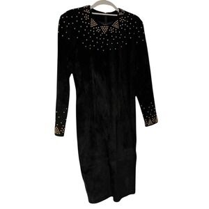 Pia Rucci Black Suede Cocktail Dress -‎ Gold Studded Modern Sheath